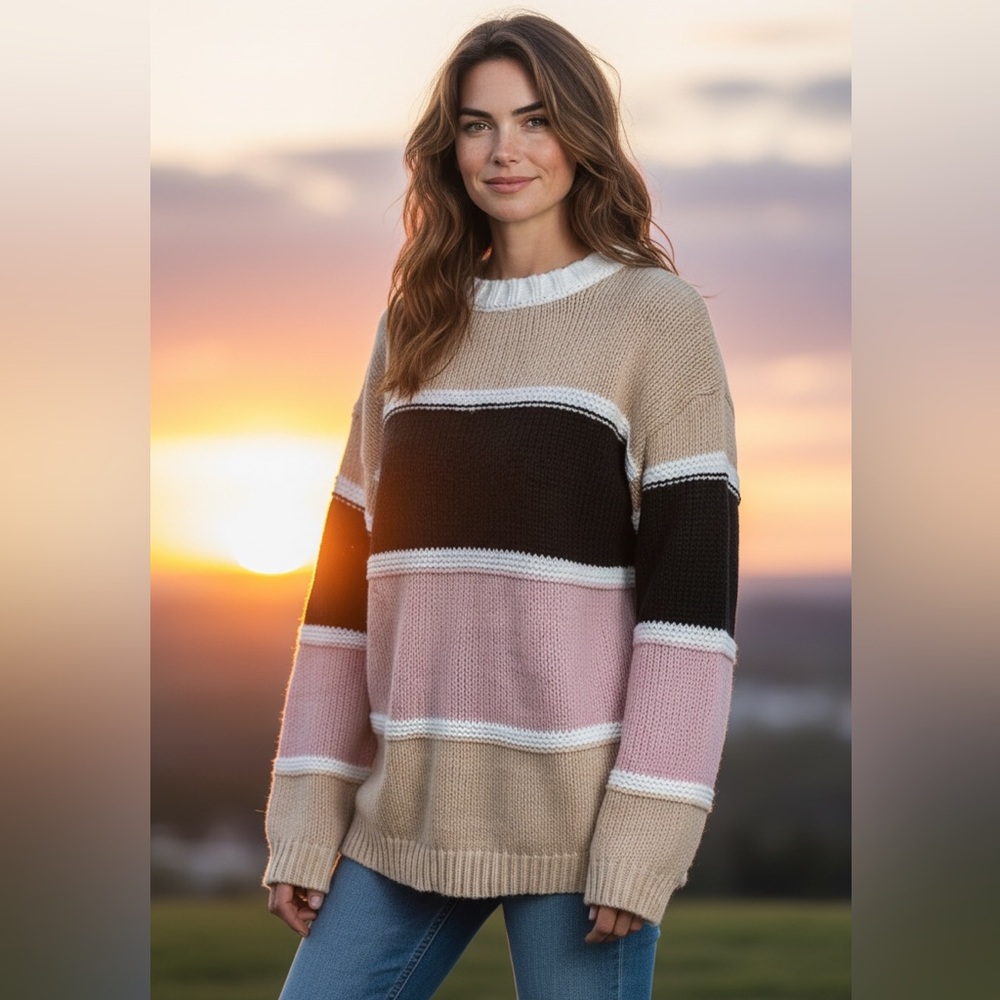 BiBi Colorblock Sweater - Pink, Black, Tan, and White